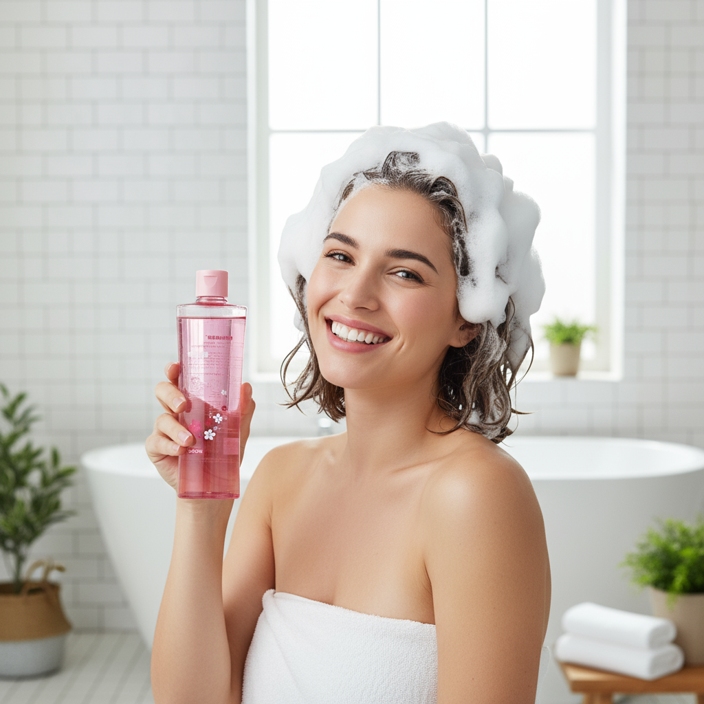 Woman in bathroom with shampoo