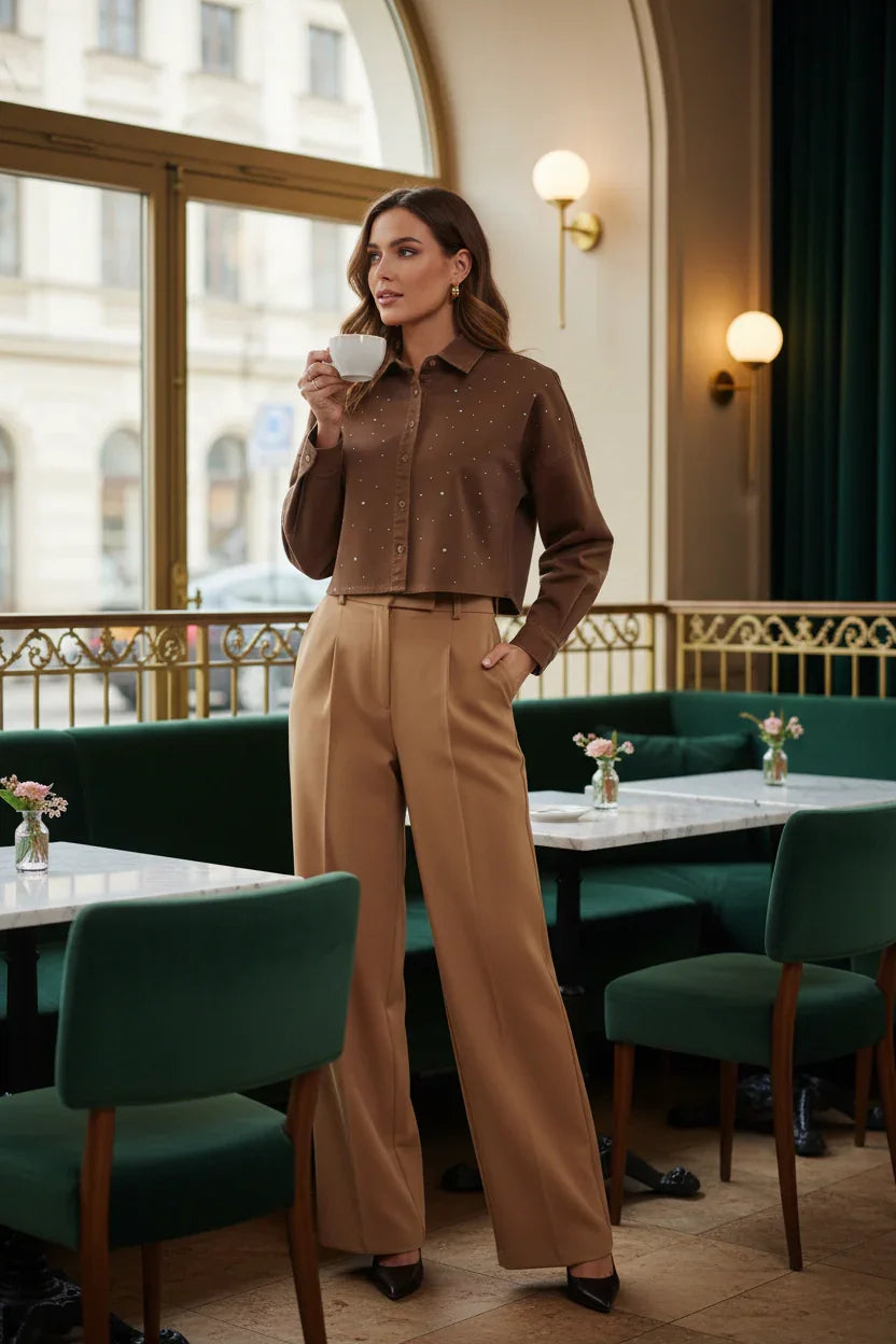 Woman in brown denim shirt with camel wide-leg trousers