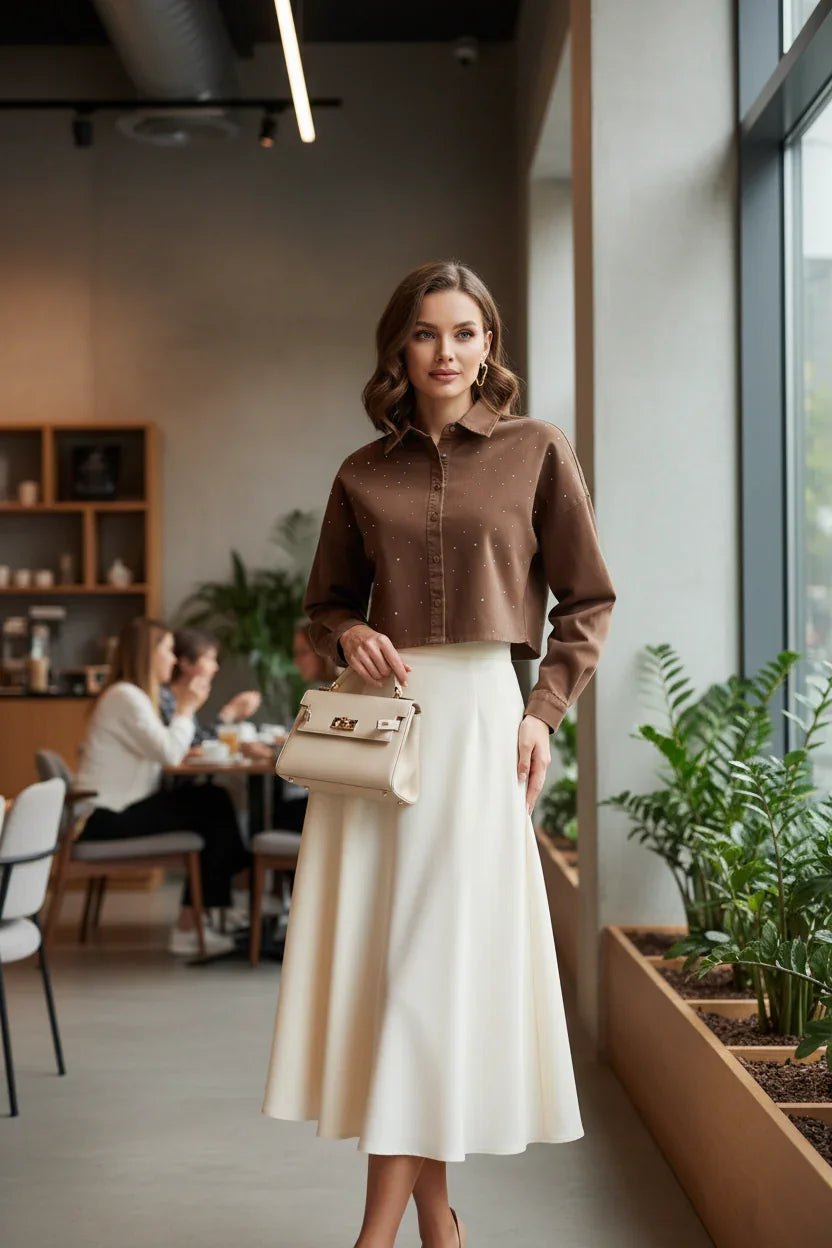 Woman in brown denim shirt with cream midi skirt