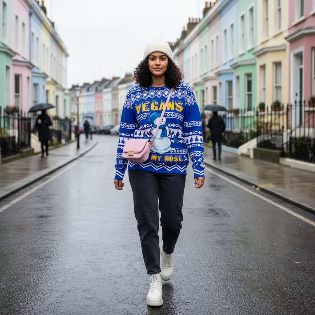 Woman in Christmas sweater in Notting Hill