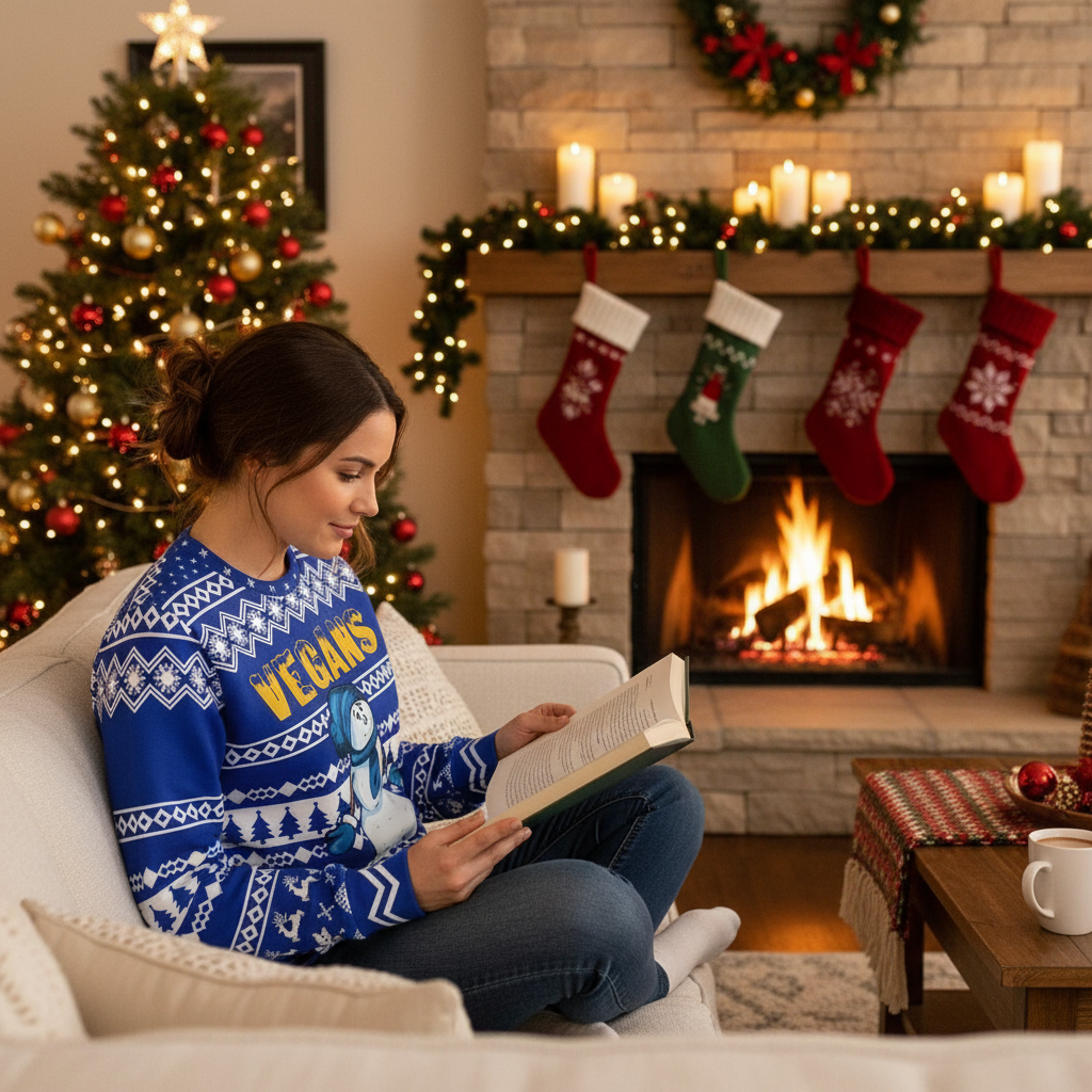Woman in Christmas sweater reading by fireplace