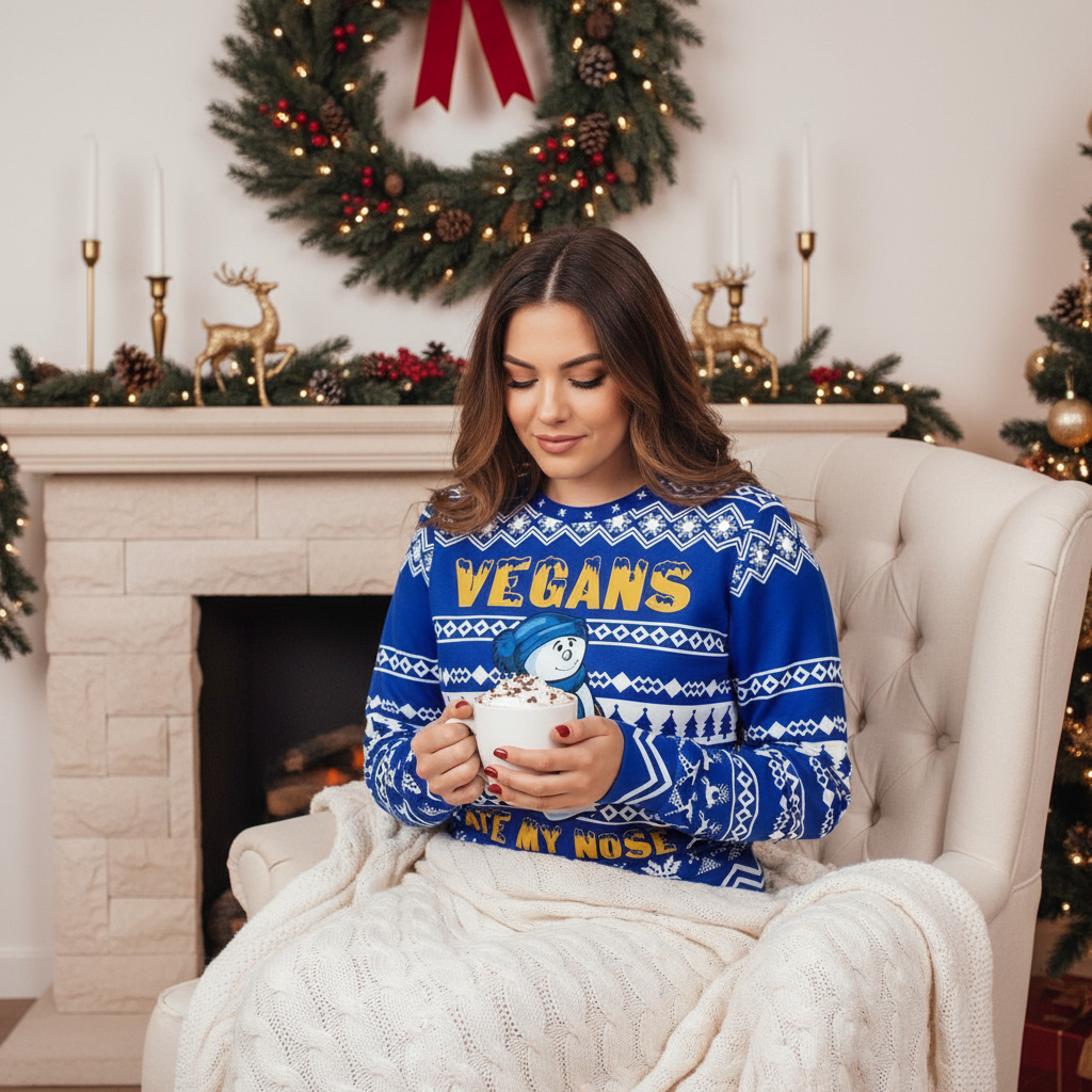 Woman in Christmas sweater with hot cocoa by fireplace
