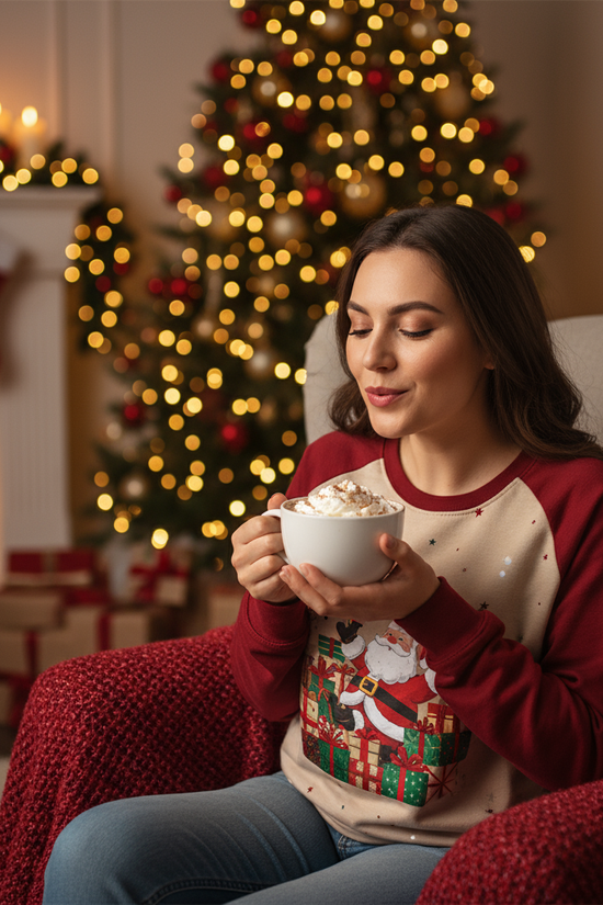 Woman in Christmas sweatshirt - With hot cocoa