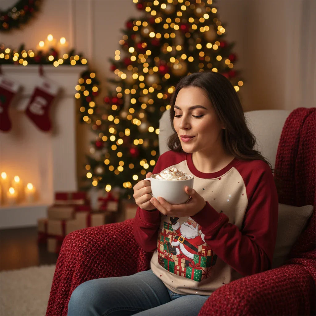 Woman in Christmas sweatshirt - With hot cocoa