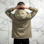 Woman in Khaki Jacket Back View Hands on Head