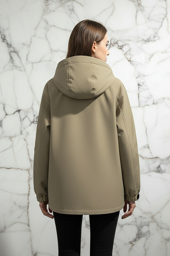 Woman in Khaki Jacket Straight Back View