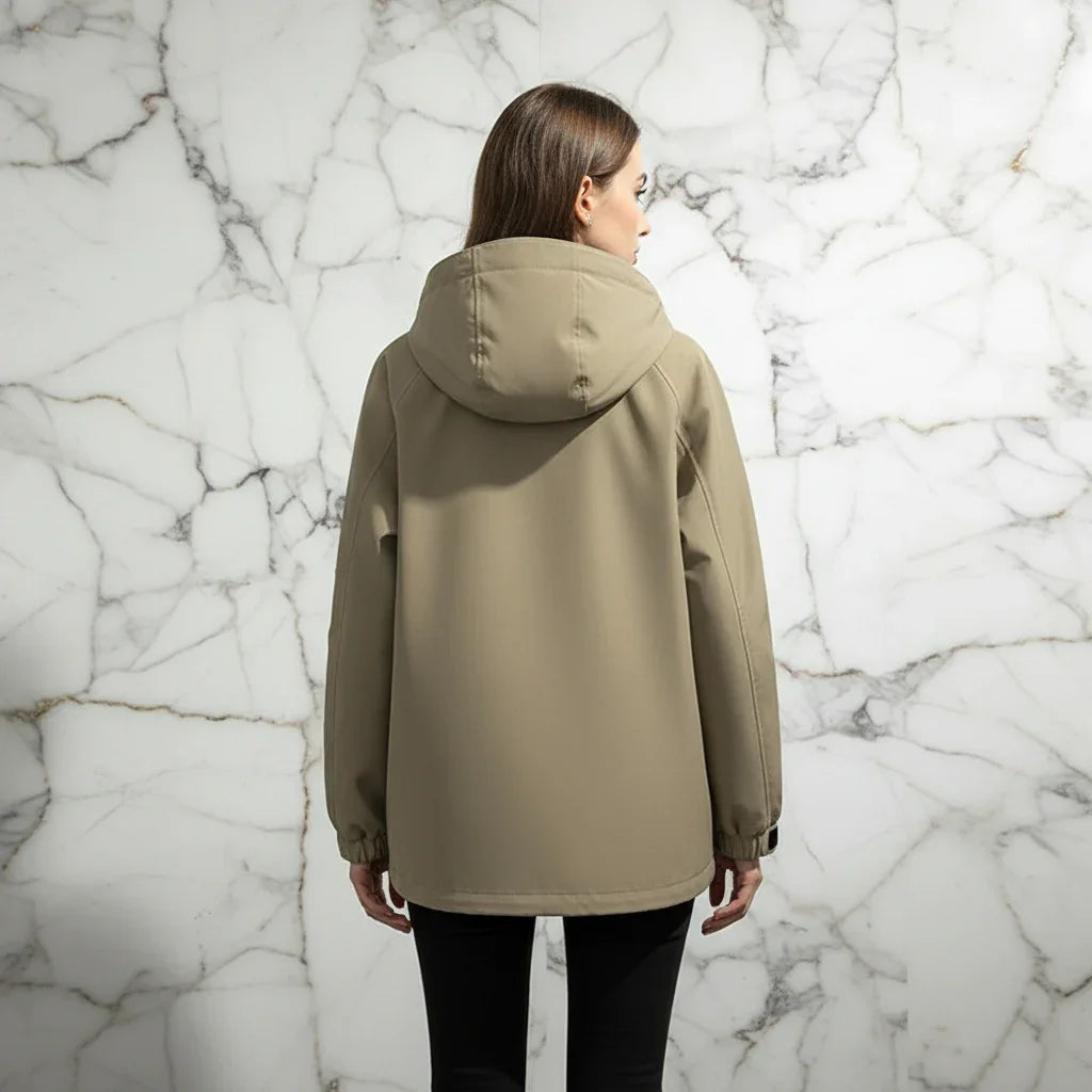 Woman in Khaki Jacket Straight Back View