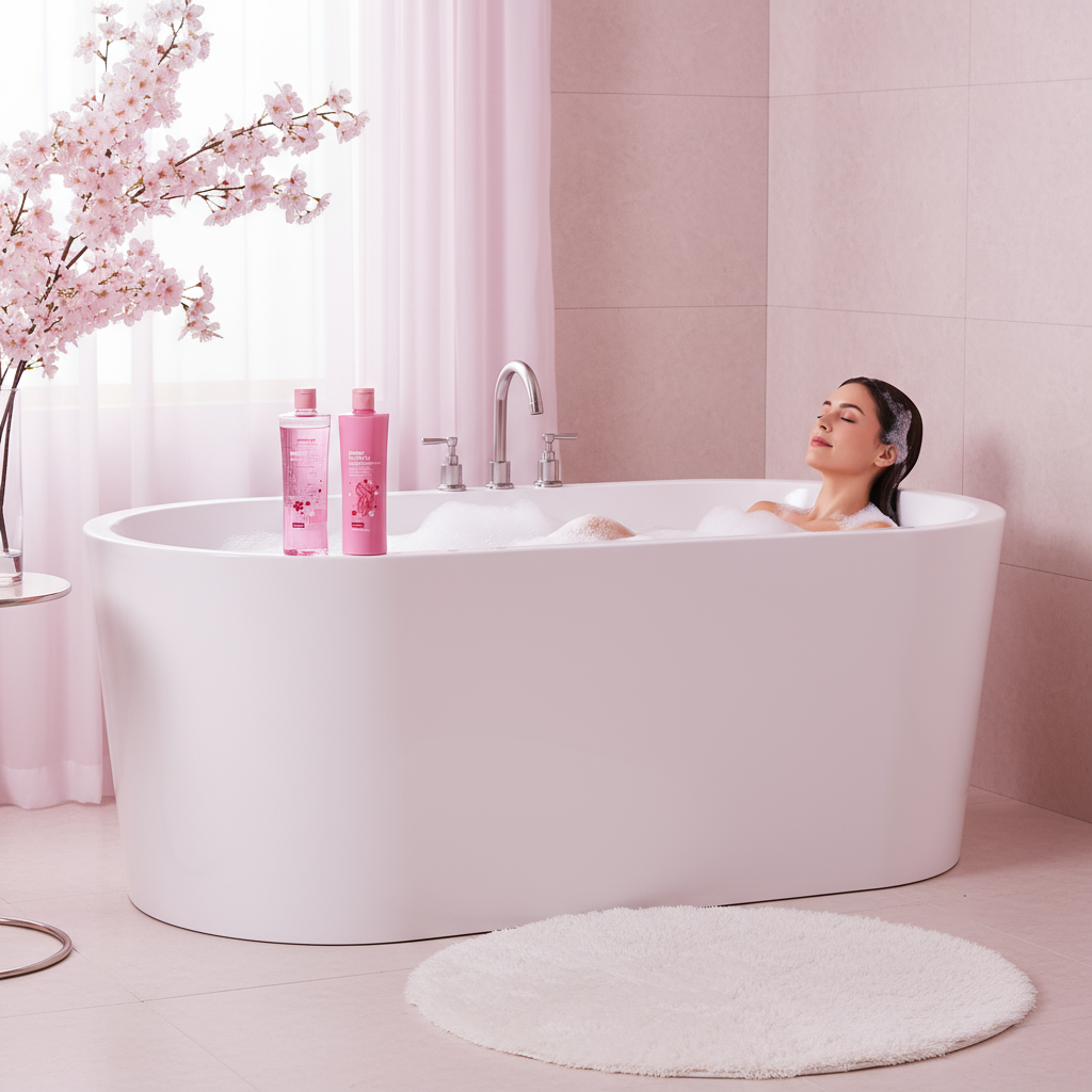 Woman in modern bathtub with cherry blossom bath products