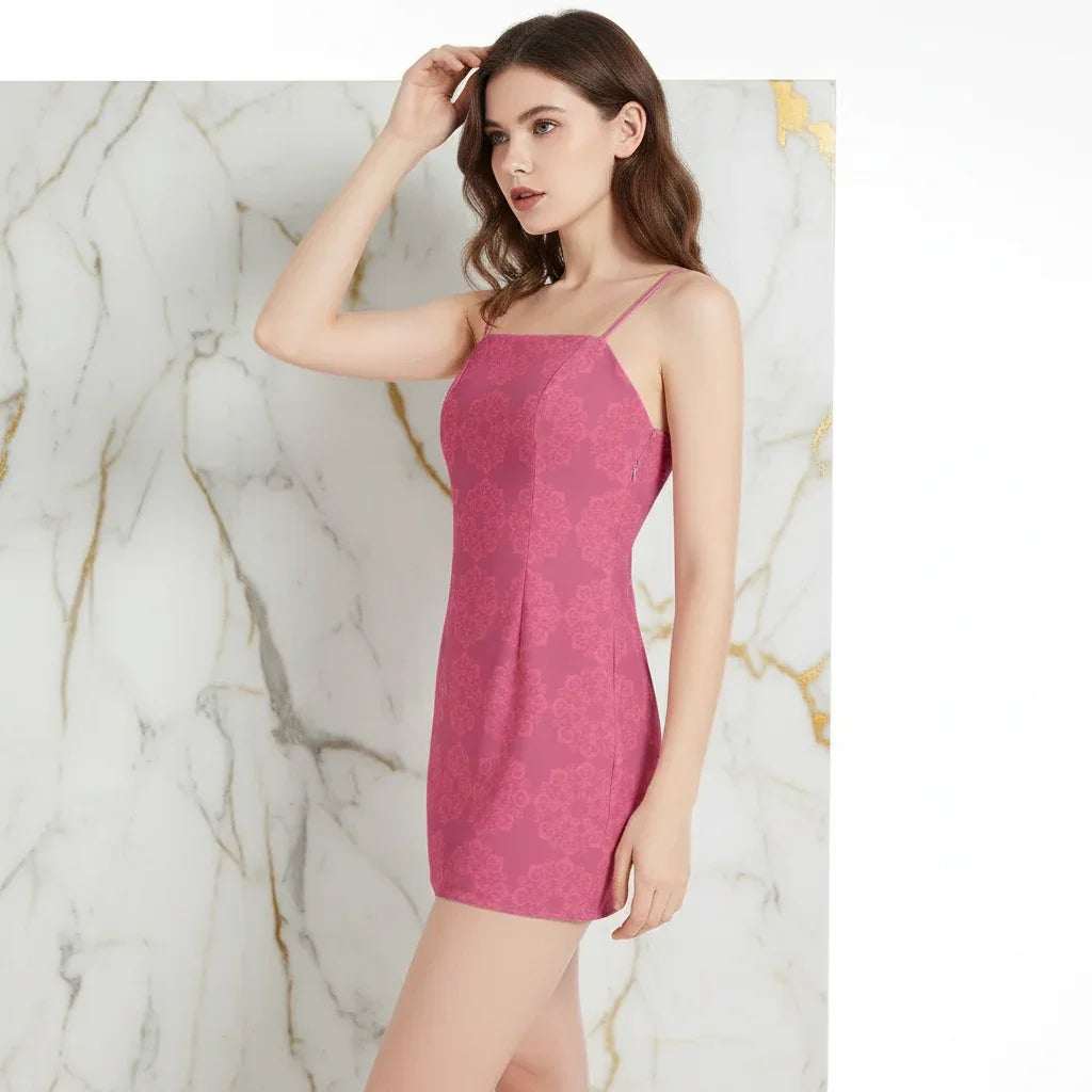 Woman in pink floral mini dress posing against marble backdrop, Ivorynn fashion apparel