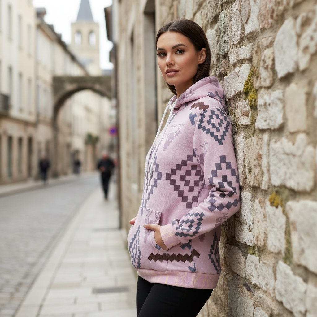 Woman in pink geometric hoodie against European stone wall