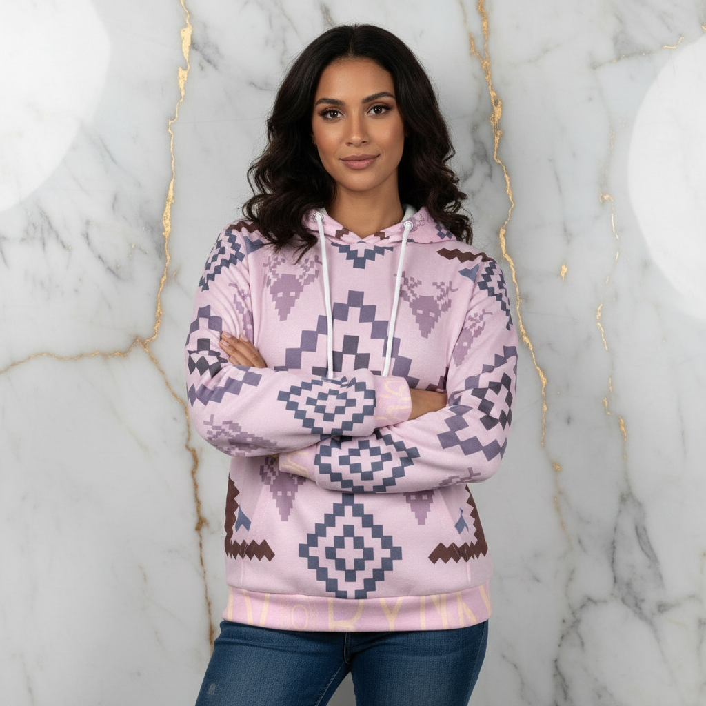 Woman in pink geometric hoodie - arms crossed