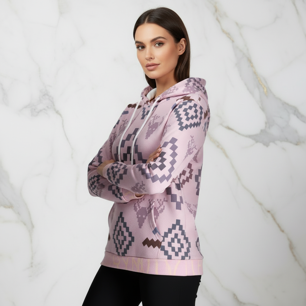 Woman in pink geometric hoodie - arms crossed