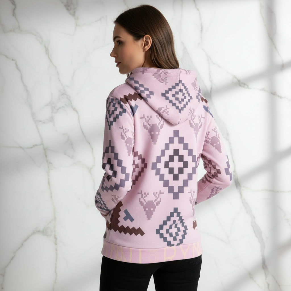 Woman in pink geometric hoodie - back looking left