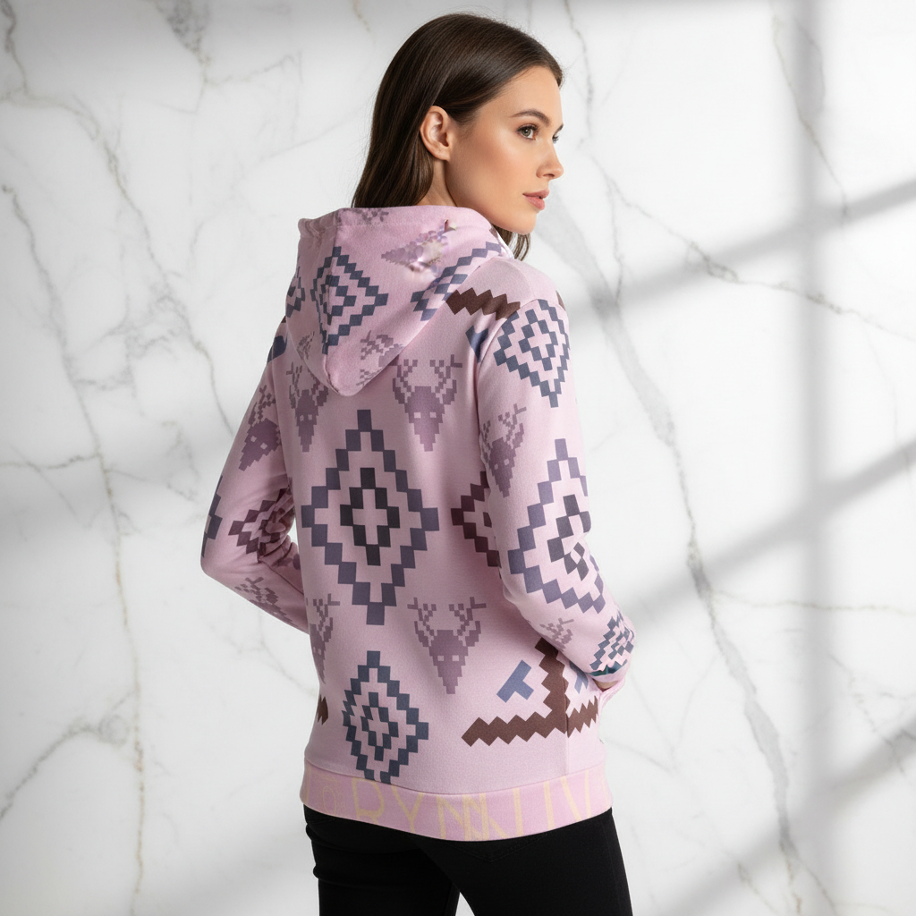 Woman in pink geometric hoodie - back view