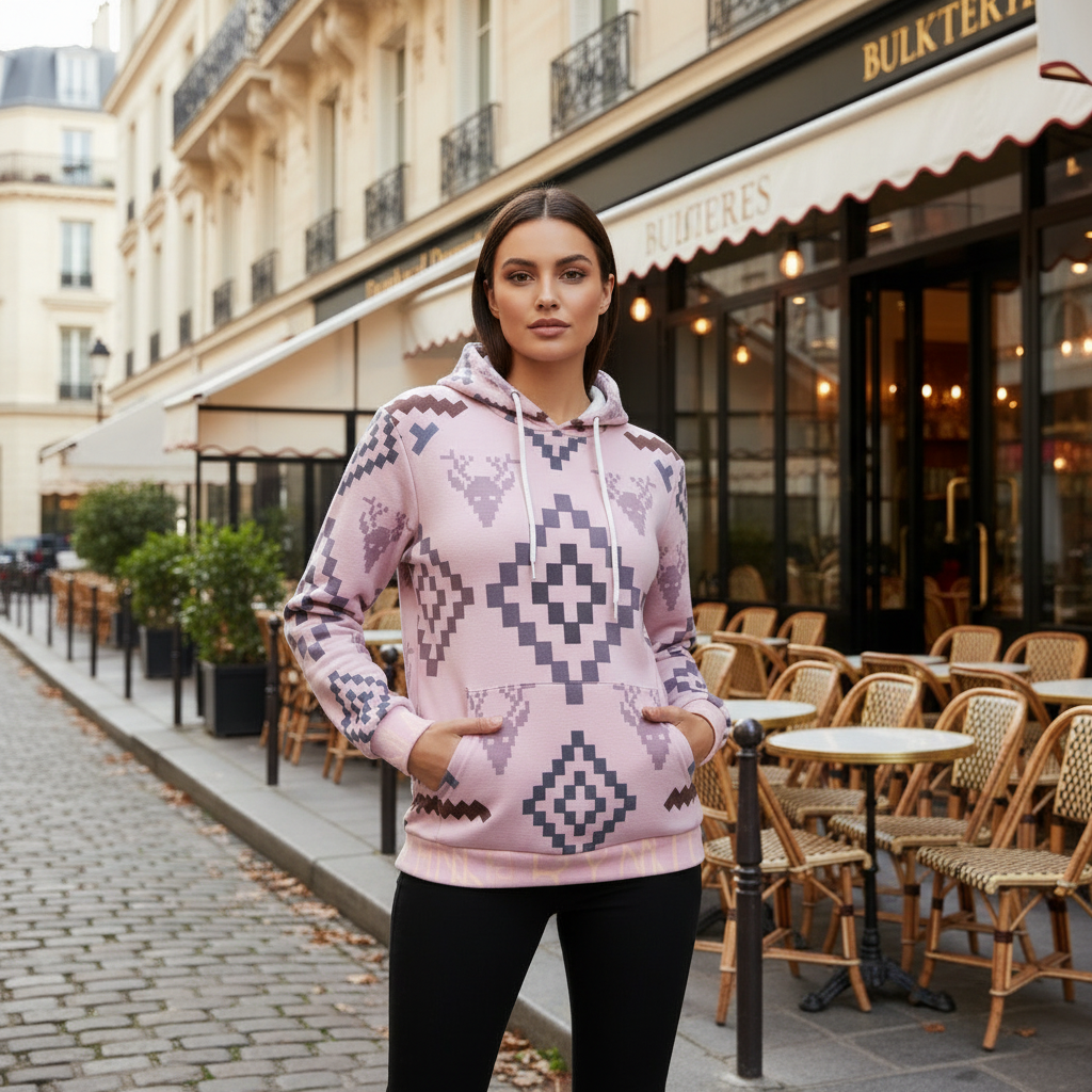 Woman in pink geometric hoodie by European cafe