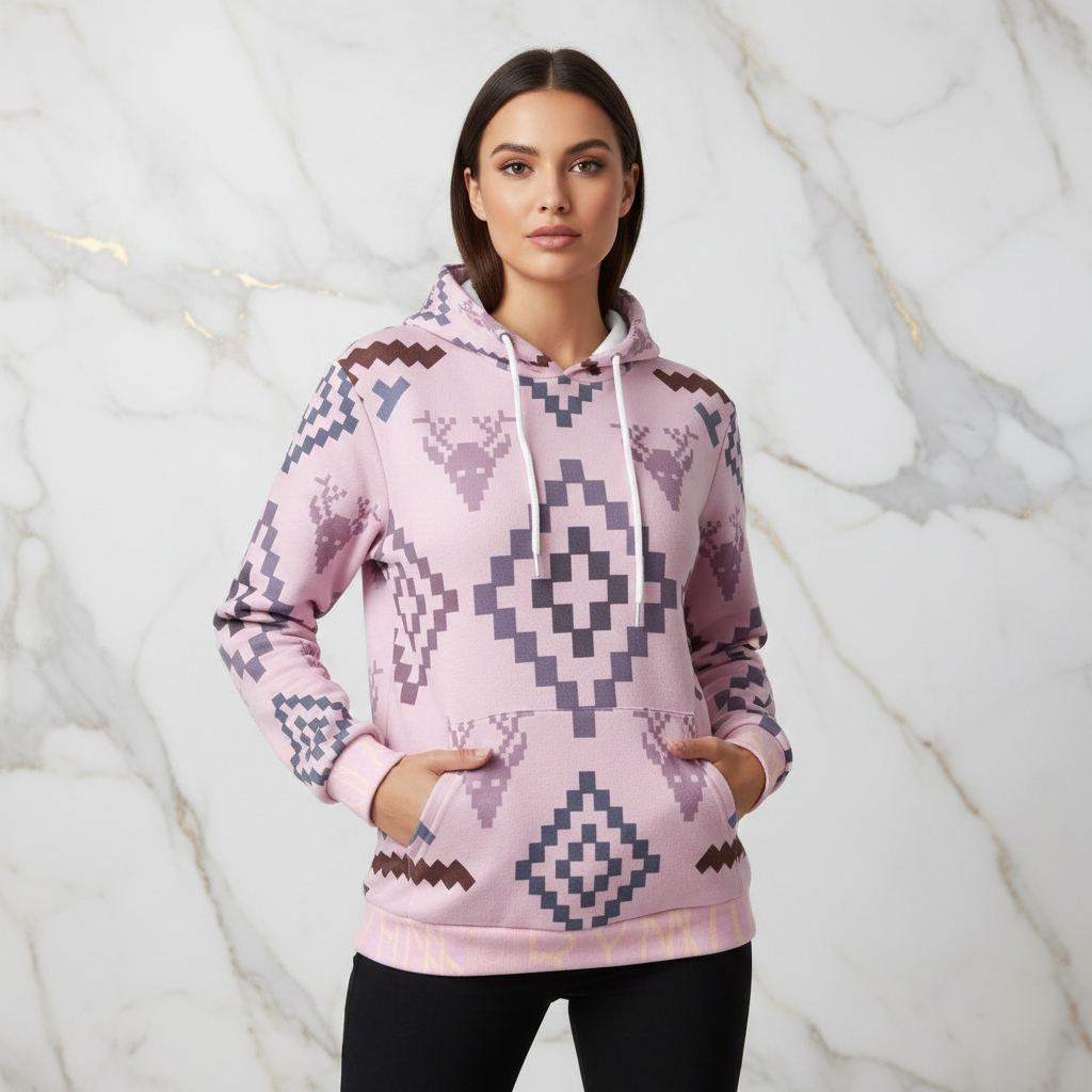 Woman in pink geometric hoodie - front pose