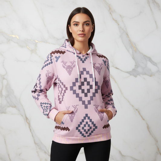 Woman in pink geometric hoodie - front pose