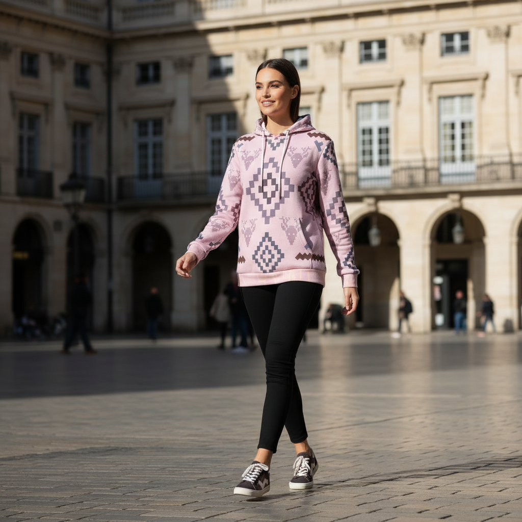 Woman in pink geometric hoodie in European city square