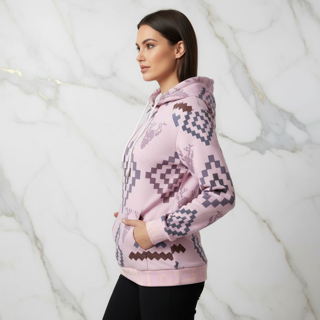 Woman in pink geometric hoodie - left side