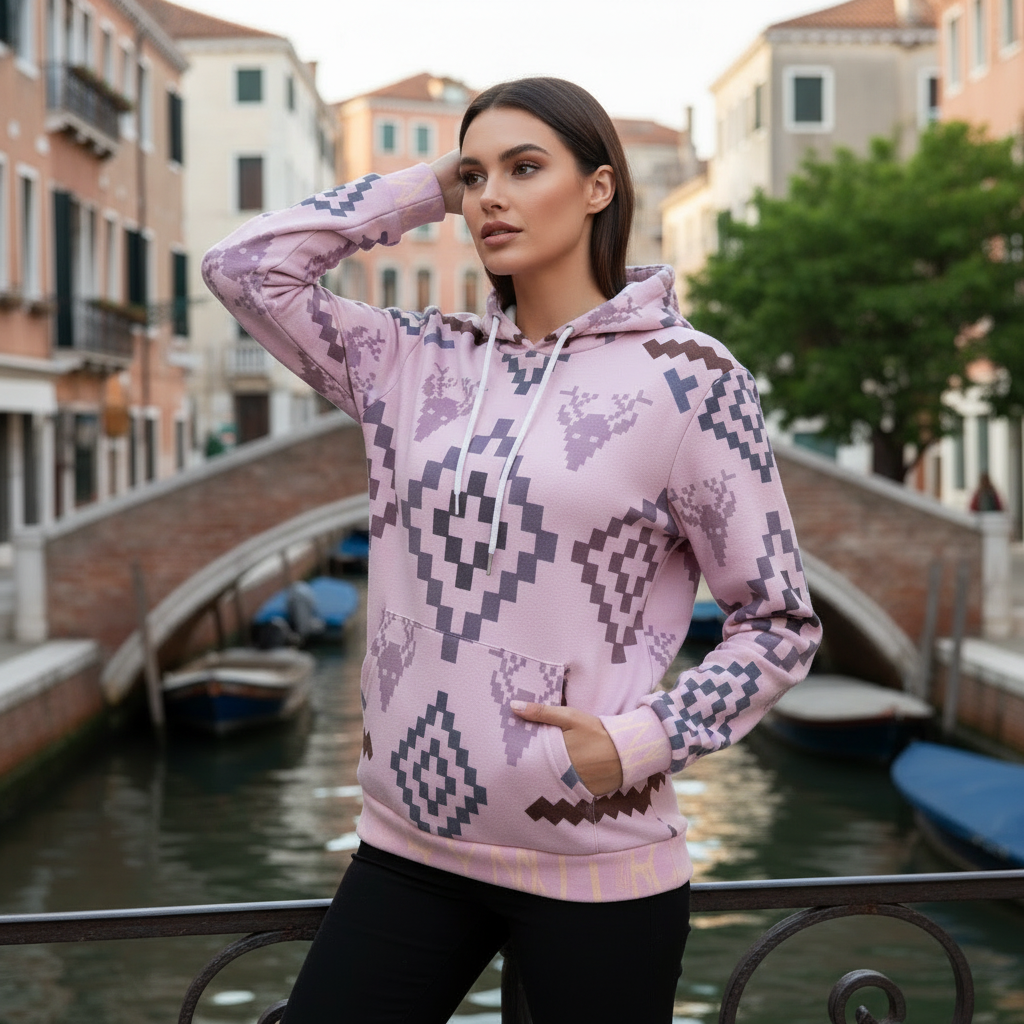 Woman in pink geometric hoodie near European bridge