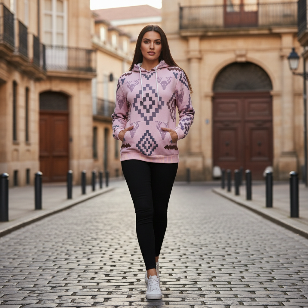 Woman in pink geometric hoodie on European cobblestone street