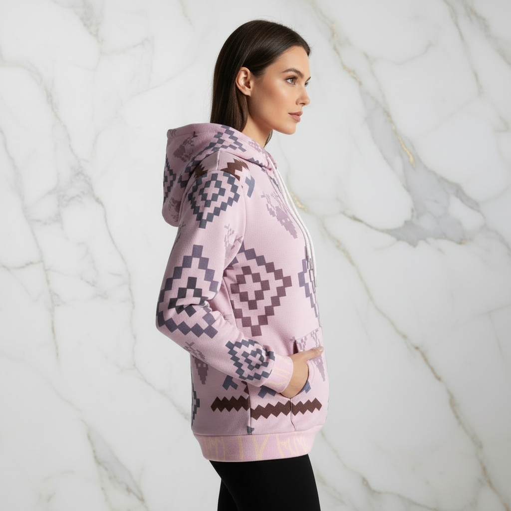 Woman in pink geometric hoodie - right side