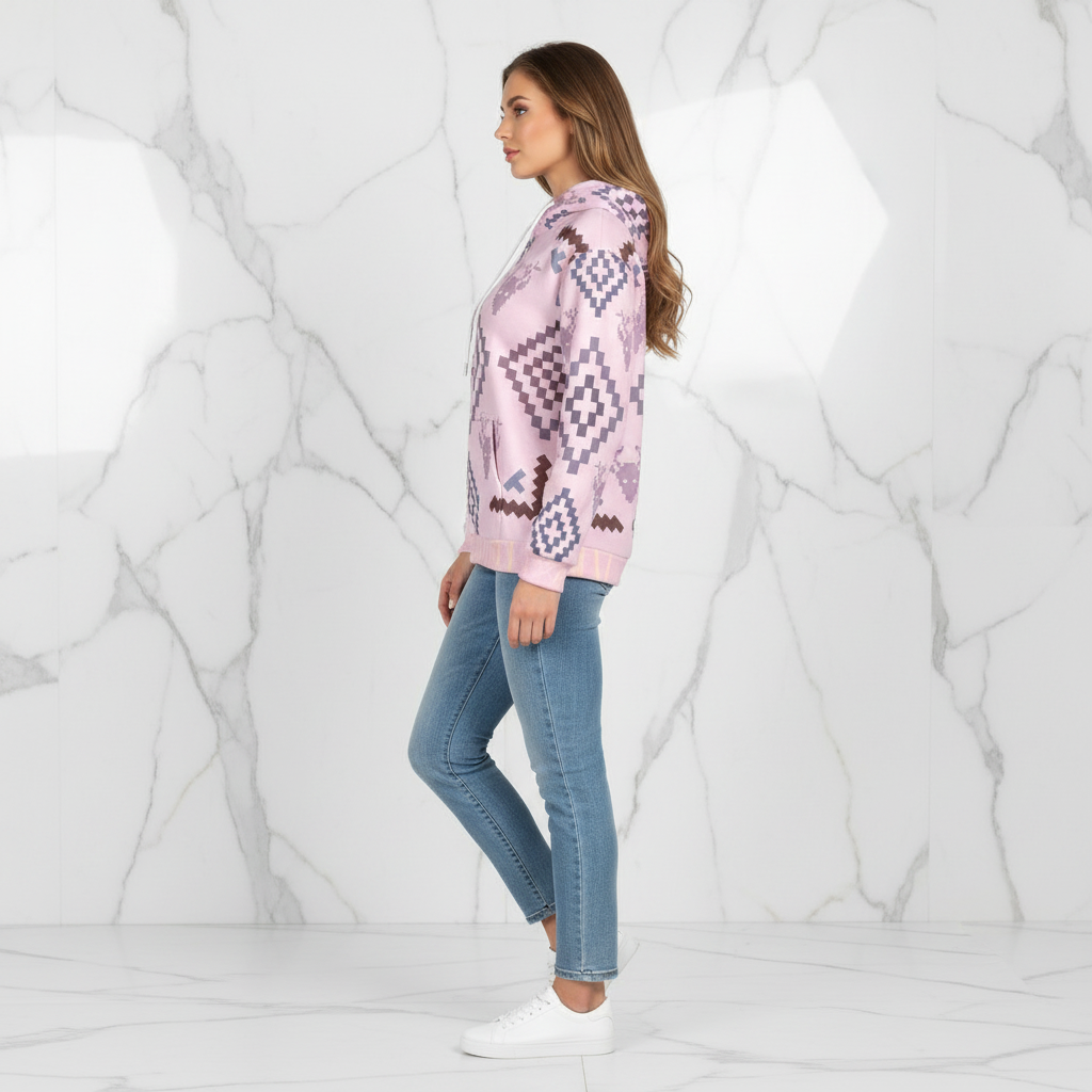 Woman in pink geometric hoodie - side profile