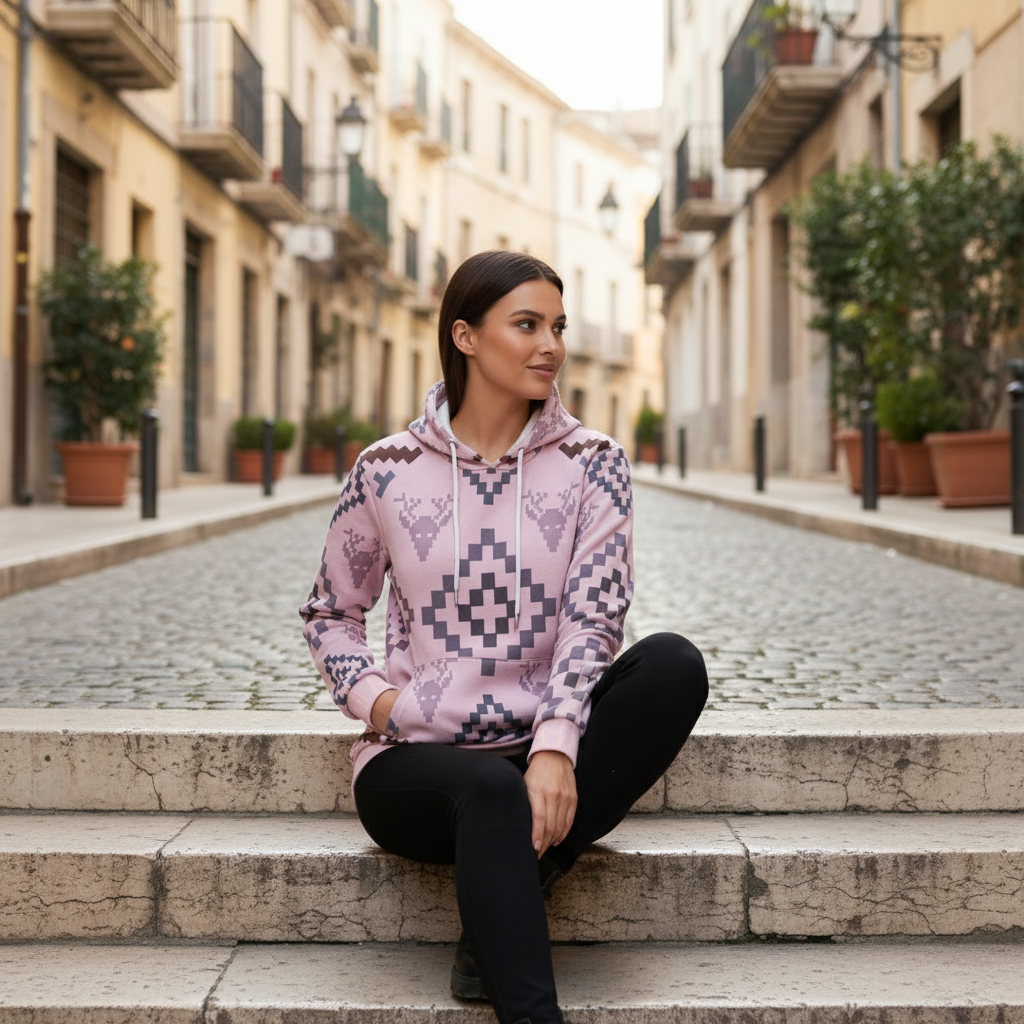 Woman in pink geometric hoodie sitting on European steps