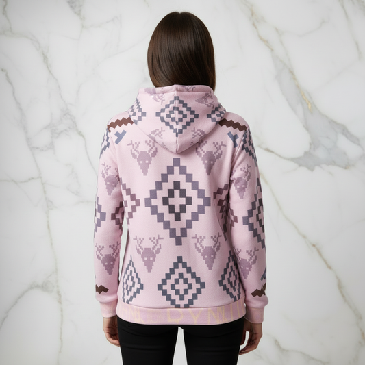 Woman in pink geometric hoodie - straight back