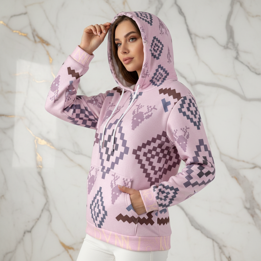 Woman in pink geometric hoodie - three-quarter angle
