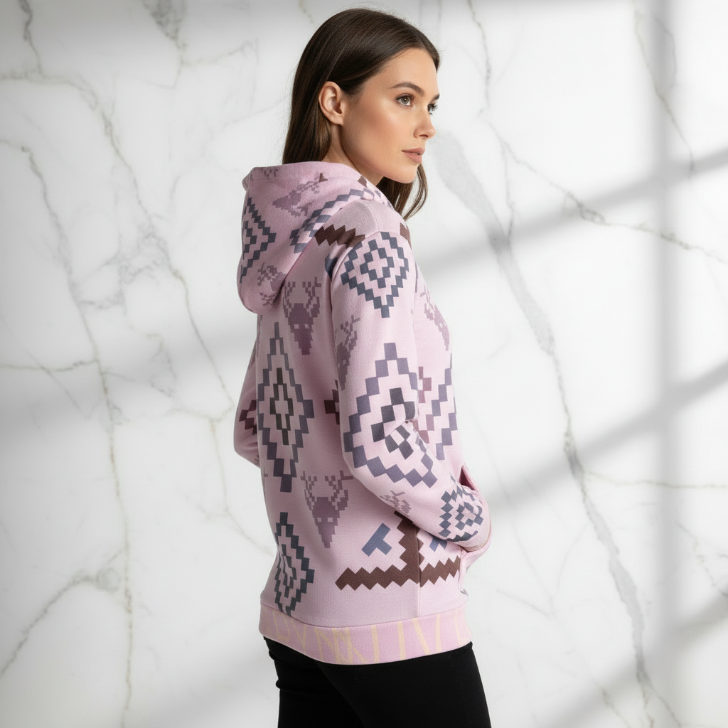 Woman in pink geometric hoodie - three-quarter back