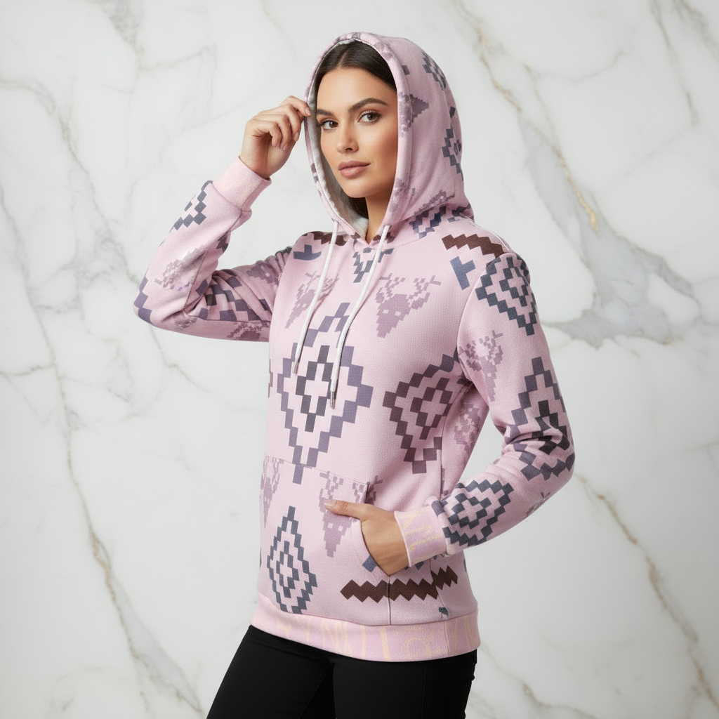Woman in pink geometric hoodie - three-quarter front
