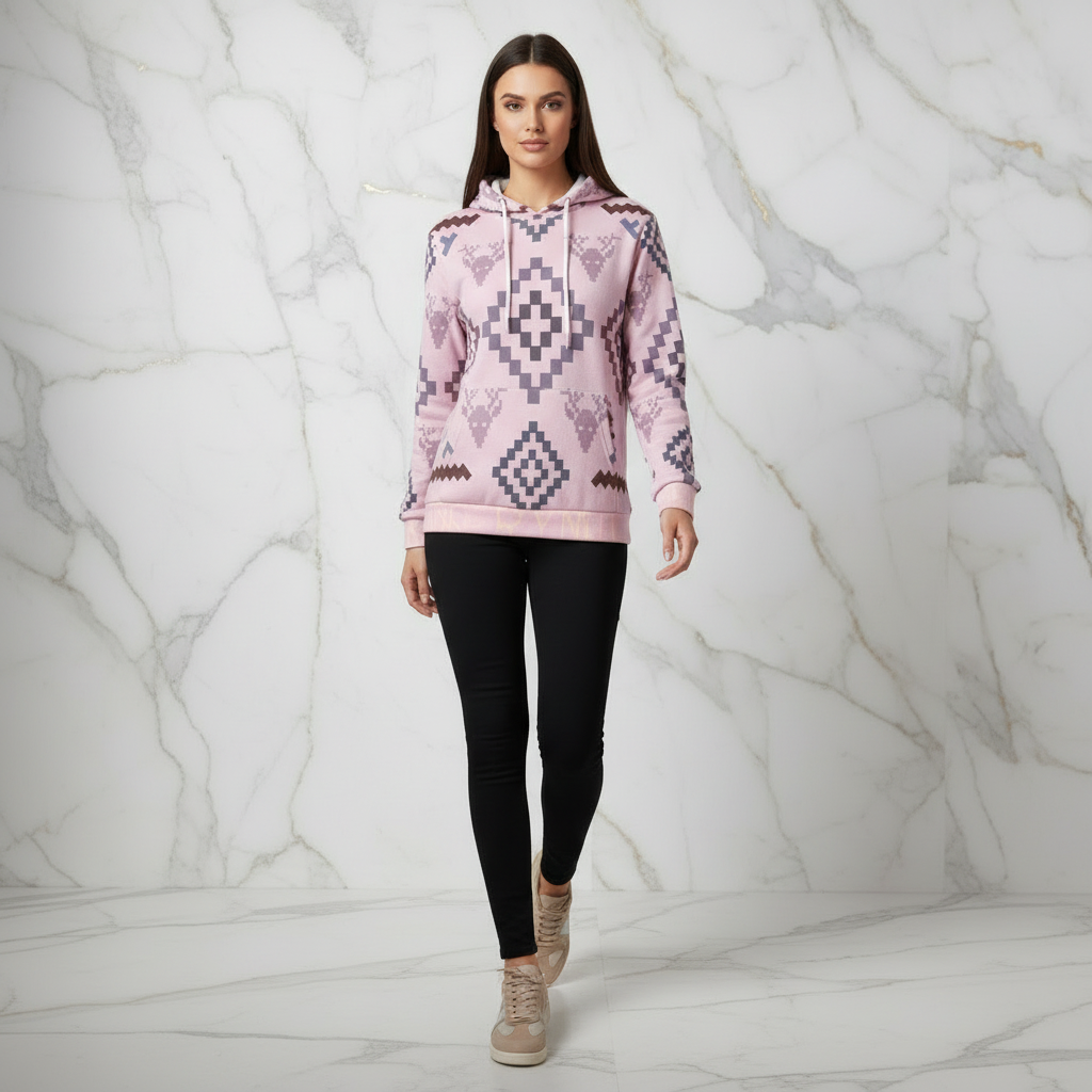 Woman in pink geometric hoodie - walking pose