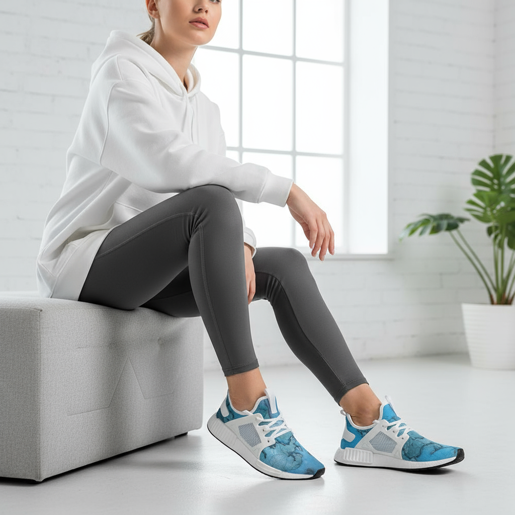 Woman in seated pose with sneakers