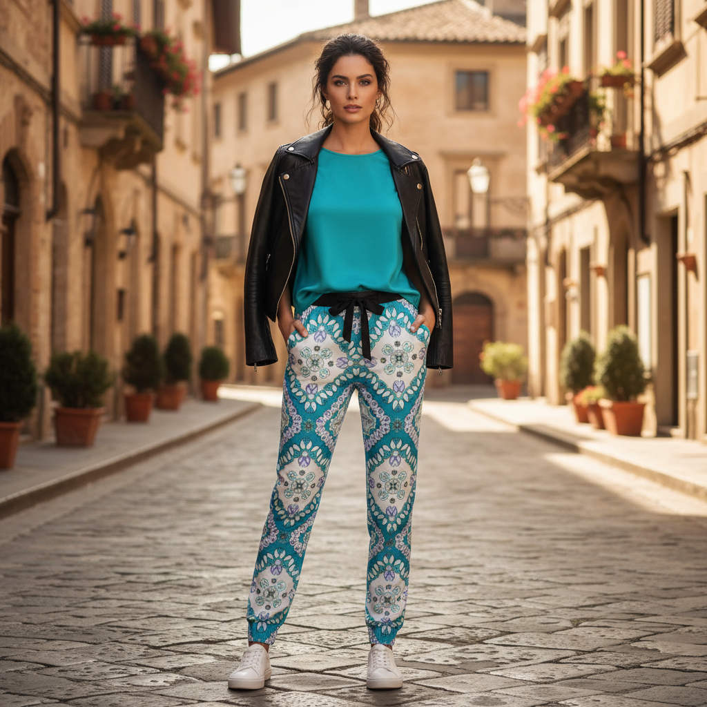 Woman in turquoise pants on Italian cobblestone street