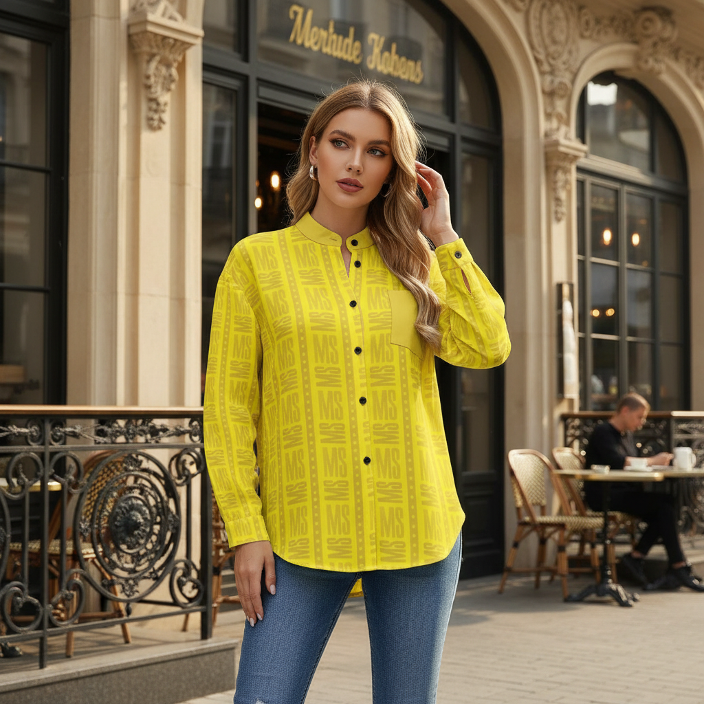 Woman in yellow shirt at café entrance