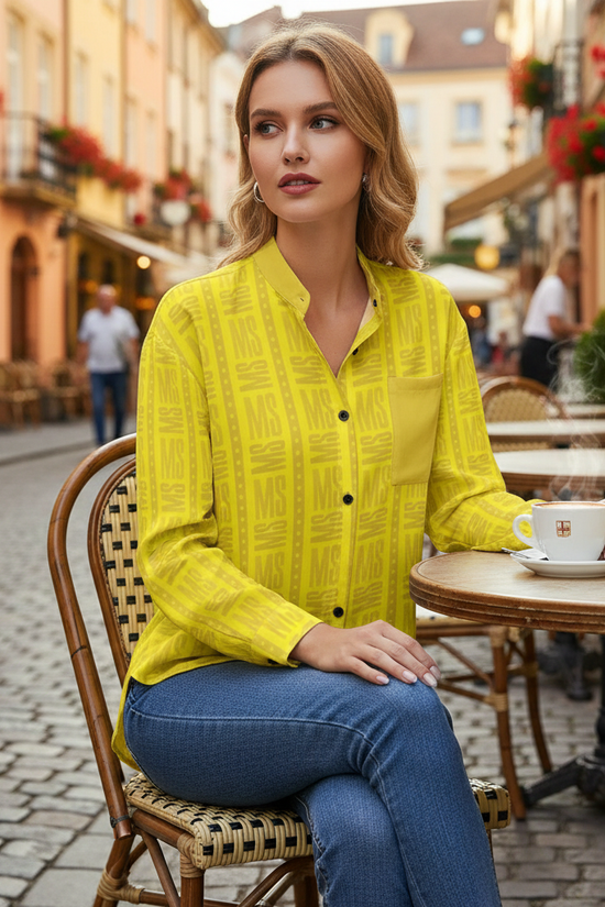 Woman in yellow shirt at European café