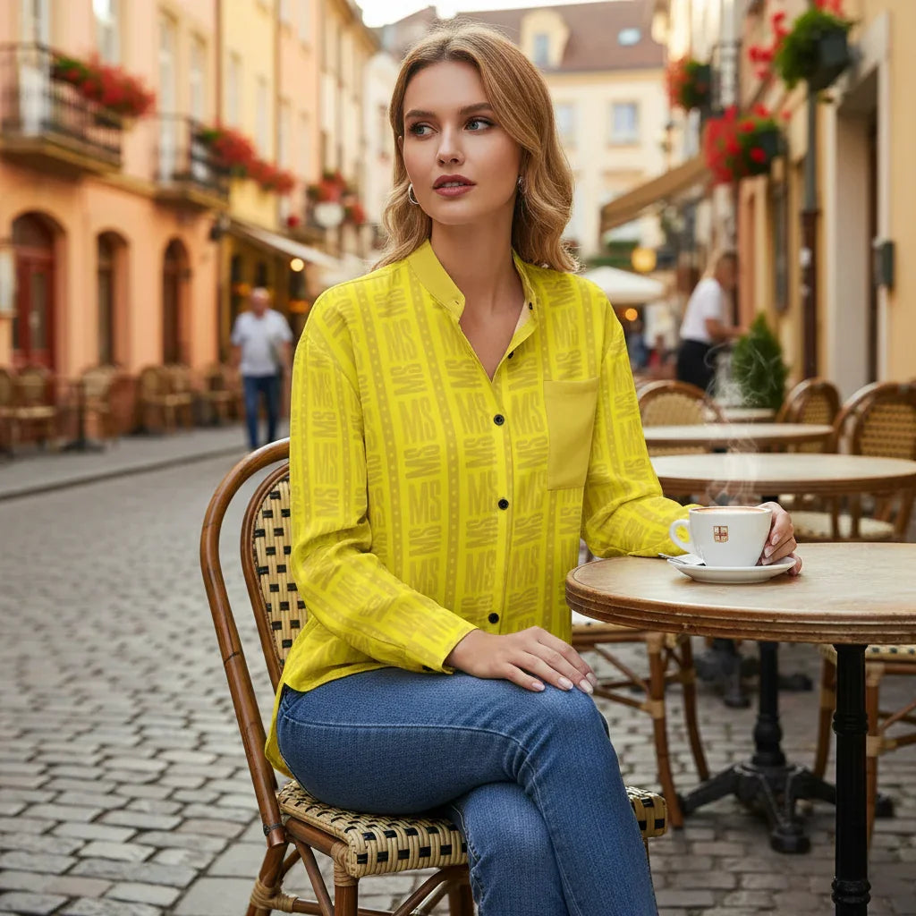 Woman in yellow shirt at European café