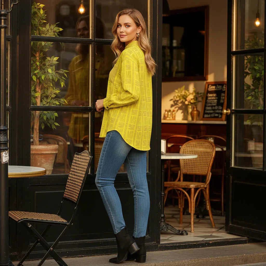 Woman in yellow shirt by café window