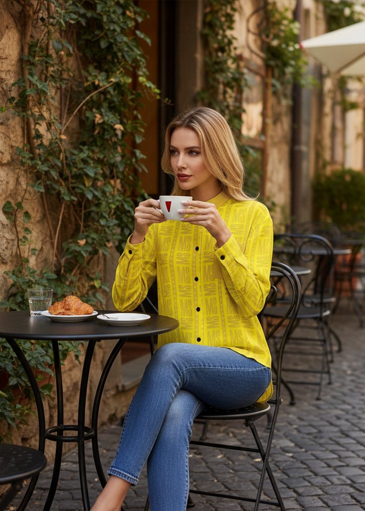 Woman in yellow shirt in sophisticated café pose