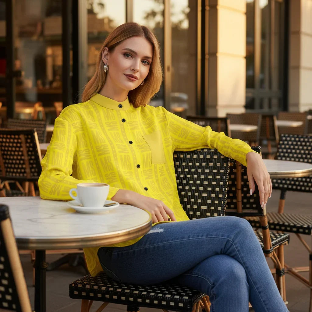 Woman in yellow shirt relaxing at café