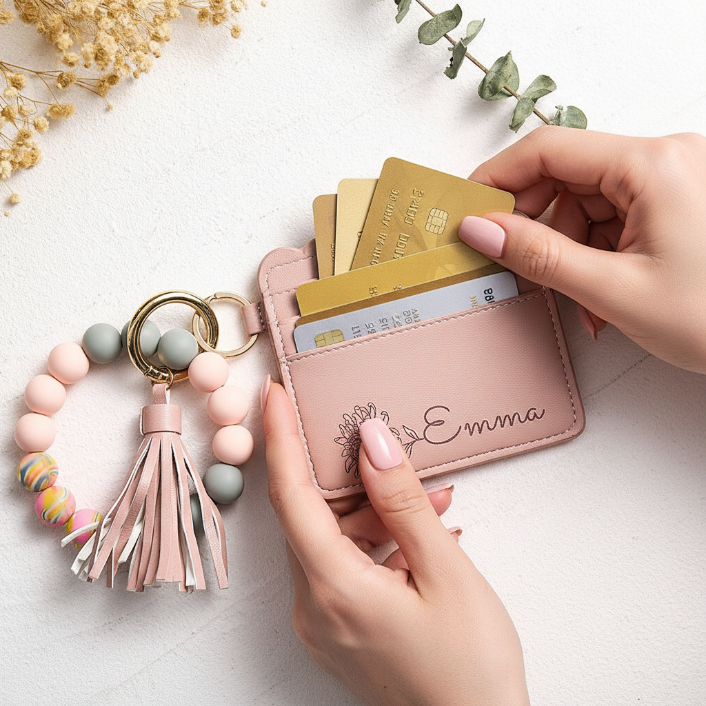 Woman placing cards in wallet