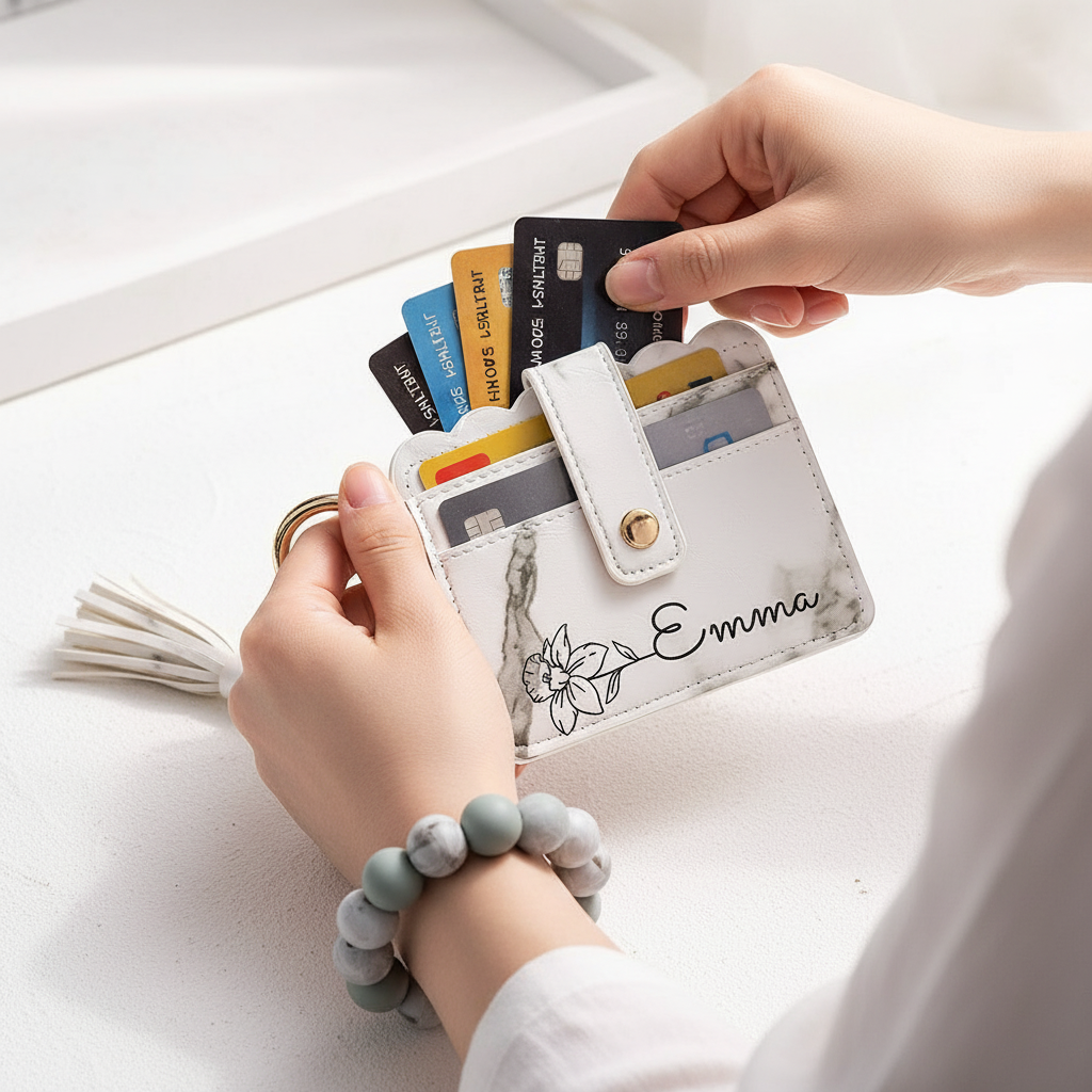 Woman placing cards in wallet