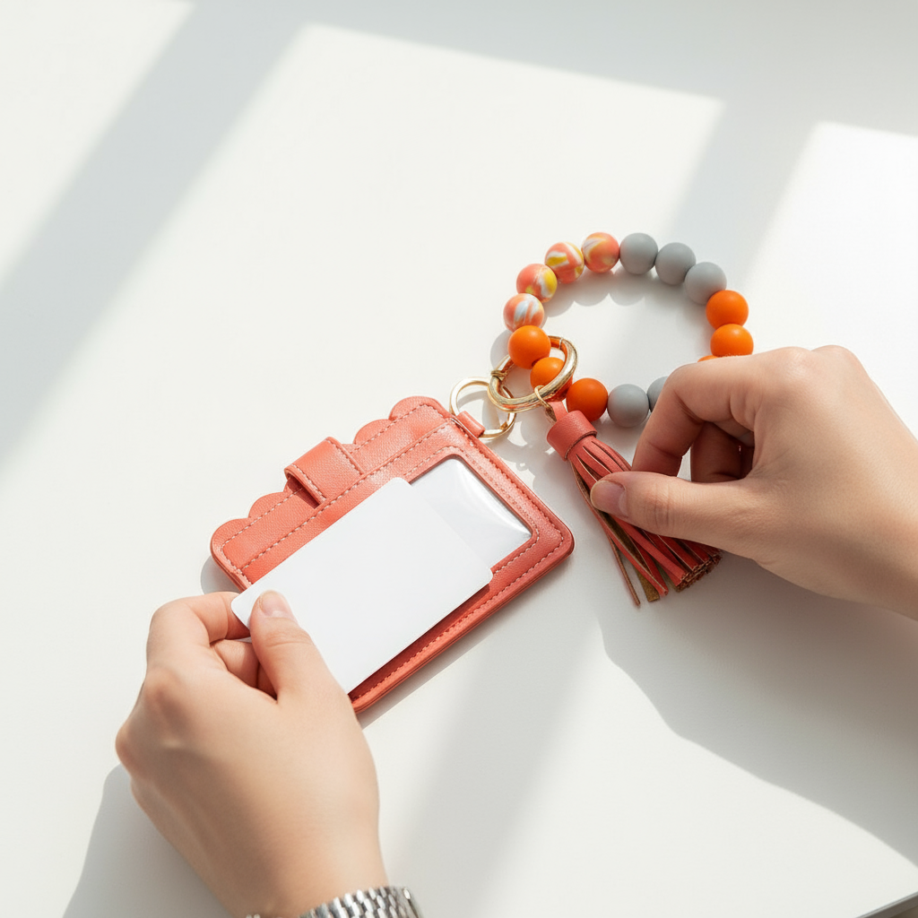 Woman placing ID card in holder