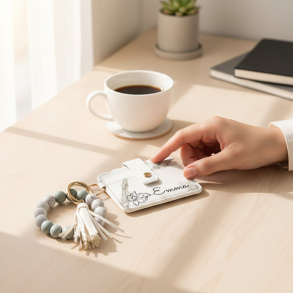 Woman reaching for wallet at desk