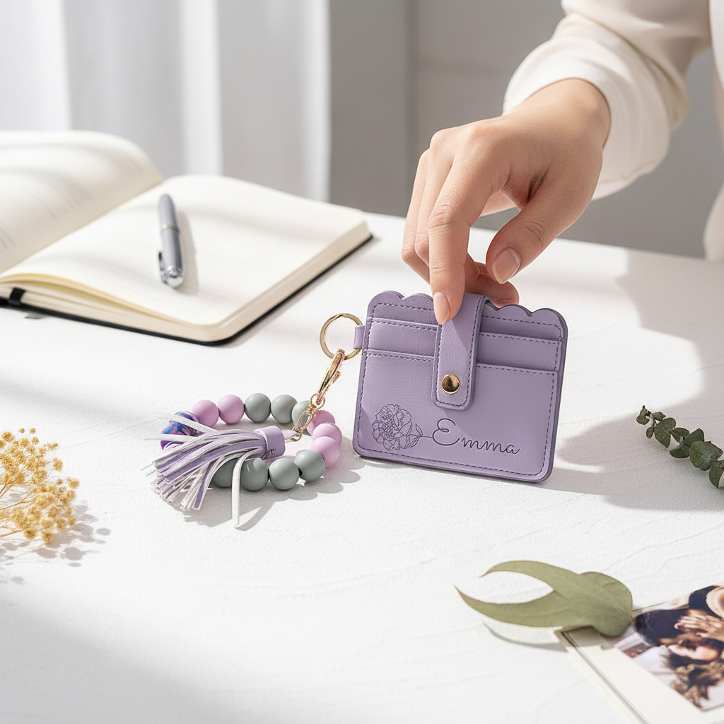 Woman reaching for wallet at desk