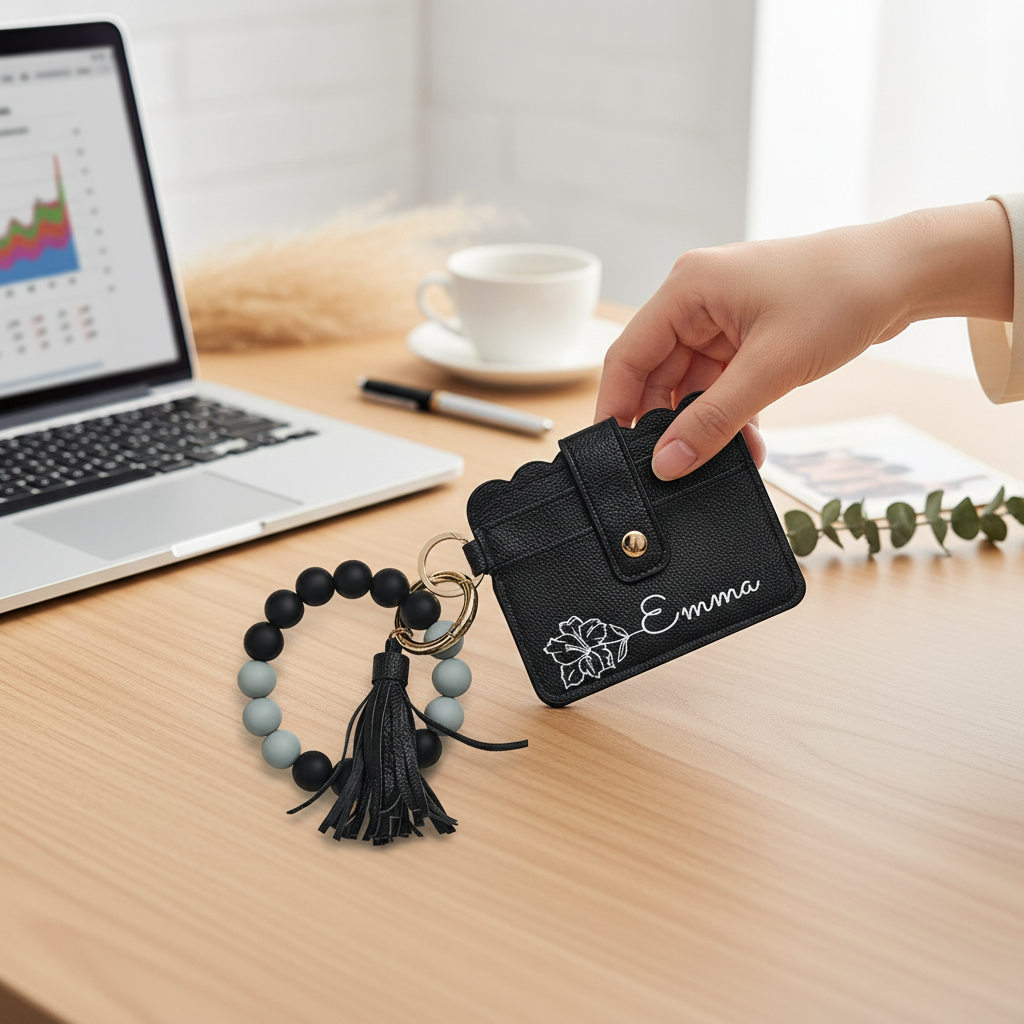 Woman reaching for wallet at desk