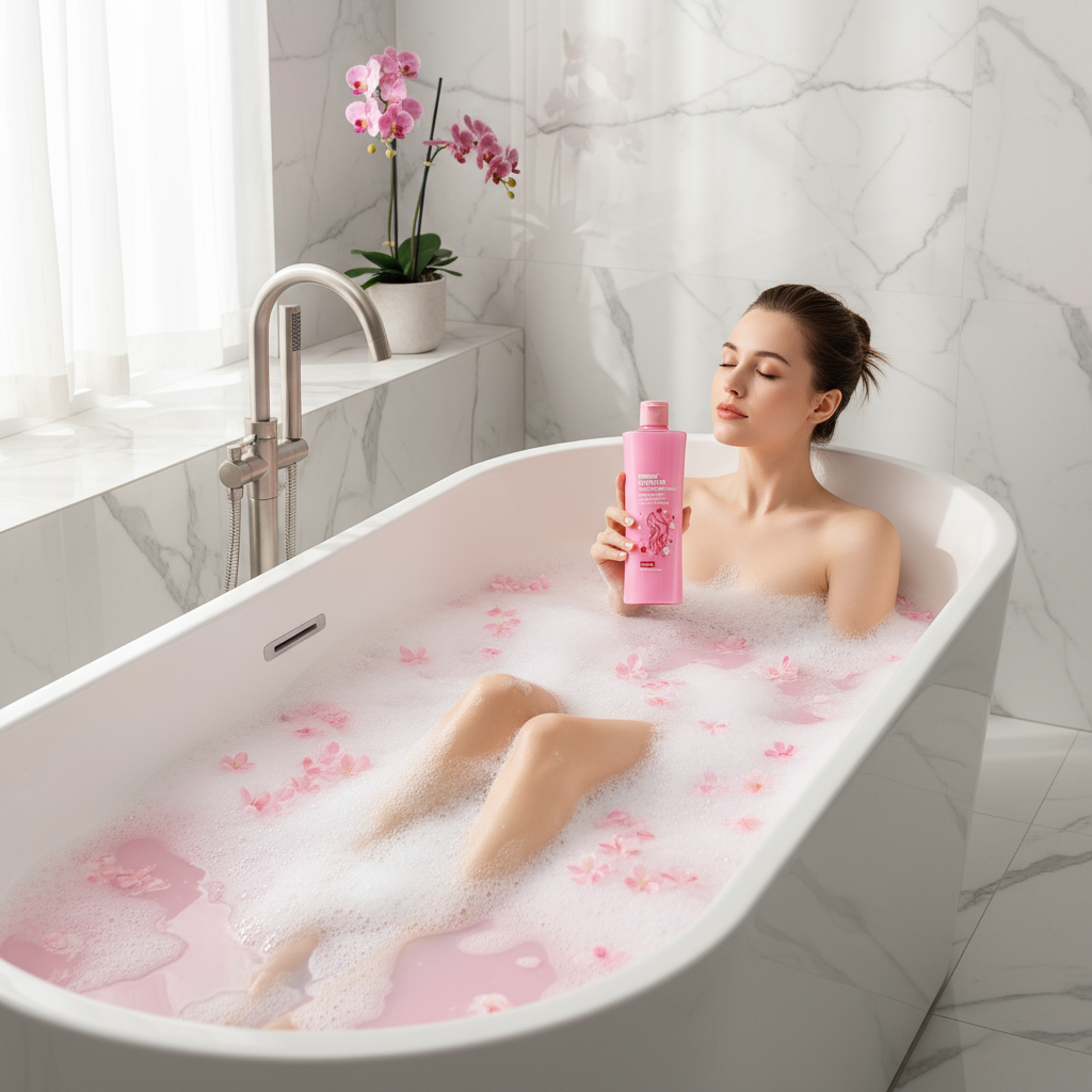 Woman relaxing in bathtub with sakura products