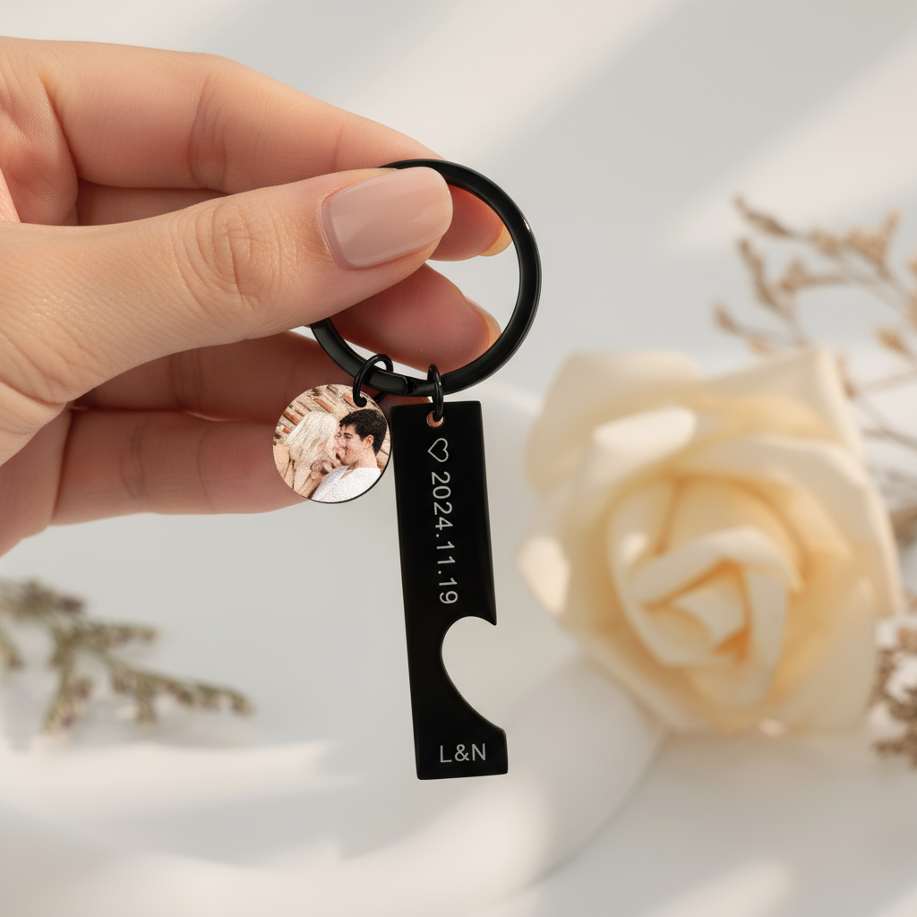 Woman showcasing black keychain