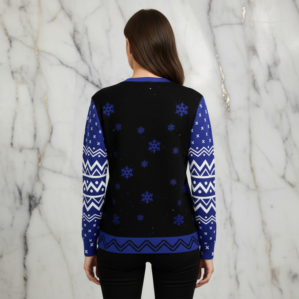 Woman showing back of sweater